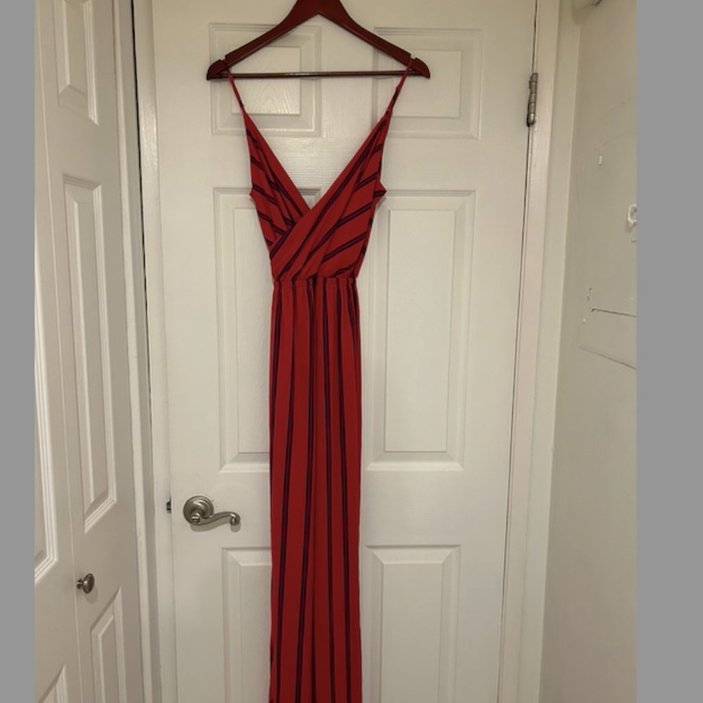 EXPRESS Striped Wrapped Front Jumpsuit Red S - Picture 5 of 12